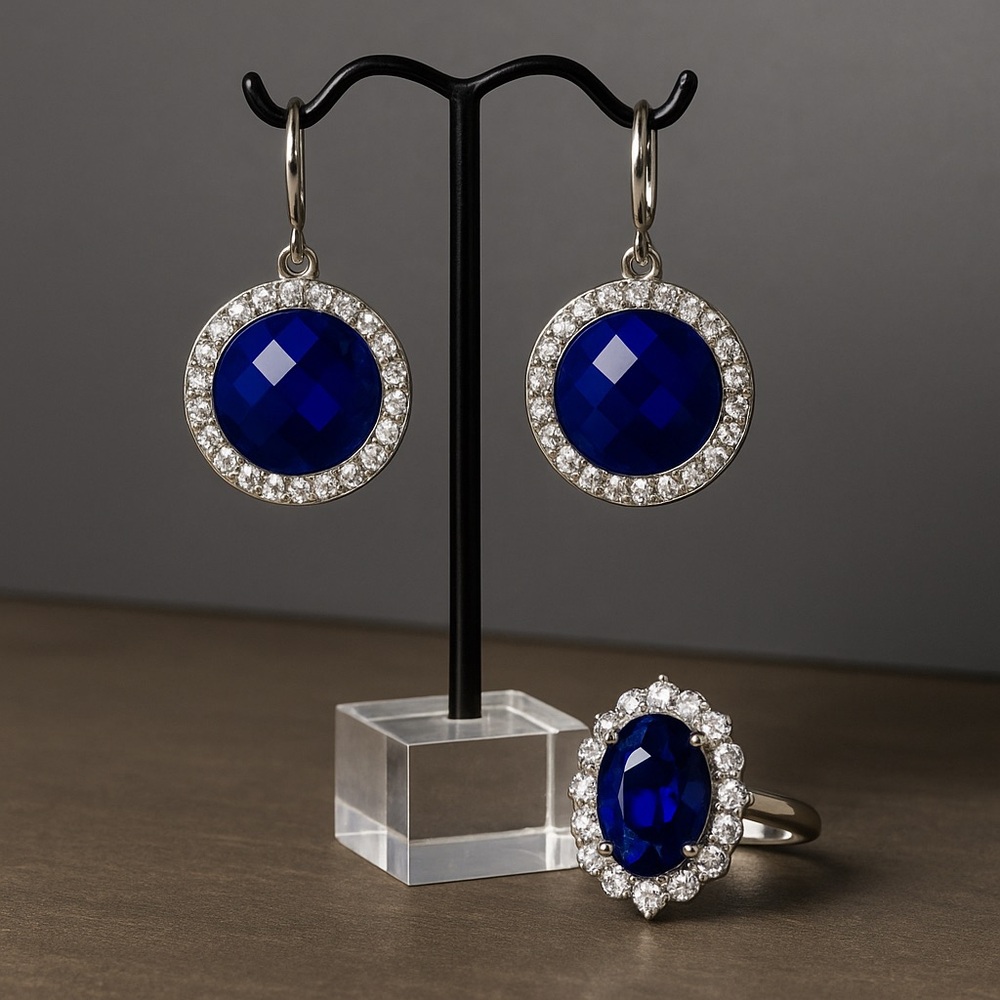 Elegant Blue and Silver Earrings and Ring Set
